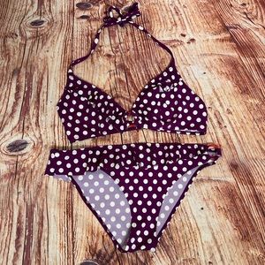 Purple Polka Dotted Bikini Size XL Marie Meili New with Tag and Ruffles